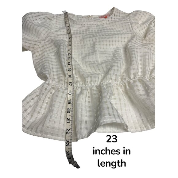 Mele e Pere White Gingham Sheer Peplum Blouse – Women’s Medium Puff Sleeve Top - Picture 6 of 6